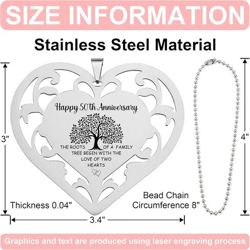 50th Anniversary Ornament - Stainless Steel Heart with Engraved Family Tree, Golden Wedding Hanging Keepsake, Romantic 50 Year Marriage Milestone Gift for Couples & Home Décor Accent - FGC479 in Kuwait