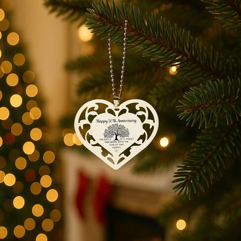 50th Anniversary Ornament - Stainless Steel Heart with Engraved Family Tree, Golden Wedding Hanging Keepsake, Romantic 50 Year Marriage Milestone Gift for Couples & Home Décor Accent - FGC479 in Kuwait