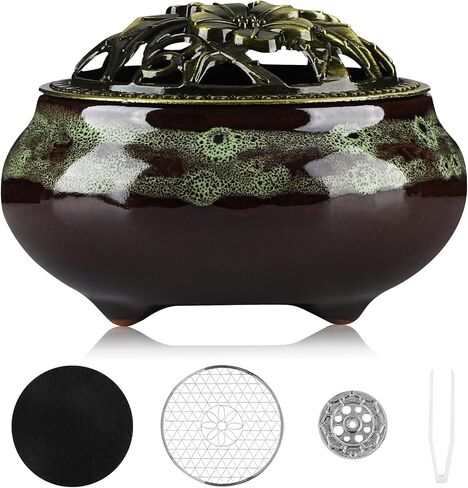 Handmade Ceramic Incense Burner with Metal Lid - Zen Meditation, Home Decor,Spiritual Gift, Durable & Elegant Design for Yoga, Altar, or Relaxation,Large Capacity Incense ash Catcher. (Fambe Blue) in Saudi Arabia