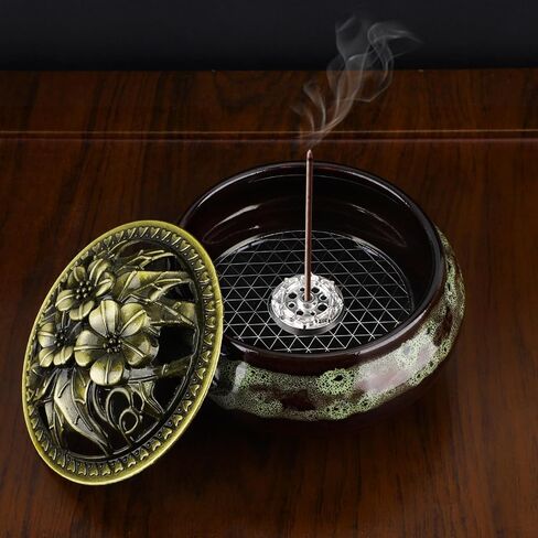 Handmade Ceramic Incense Burner with Metal Lid - Zen Meditation, Home Decor,Spiritual Gift, Durable & Elegant Design for Yoga, Altar, or Relaxation,Large Capacity Incense ash Catcher. (Fambe Blue) in Saudi Arabia