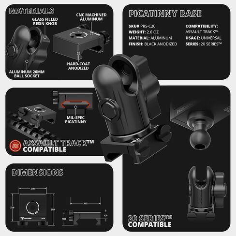 Tackform Traxx 20mm Ball Socket مع قاعدة مسار الاعتداء - محول قصير الوصول | متوافق مع أنظمة المسار الاعتداء فقط | البليت الألومنيوم | غير متوافق مع الأنظمة 1 " / B الحجم | المقبض الأسود in Kuwait