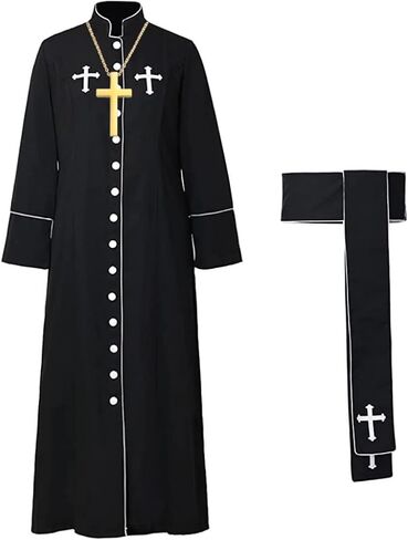 Priest Costume Pastor Robe Roman Cassock with Stand Collar White/Black 3Pcs Clergy Robe Stole and Cross Necklace in Kuwait