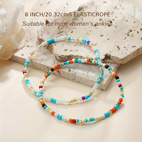Boho Beads Anklets مجموعة من 2pcs ، شاطئ مقاوم للماء قابلة للتعديل تقليد الأساور لؤلؤة بيضاء للنساء ، هدايا المجوهرات المصنوعة يدويًا in Saudi Arabia
