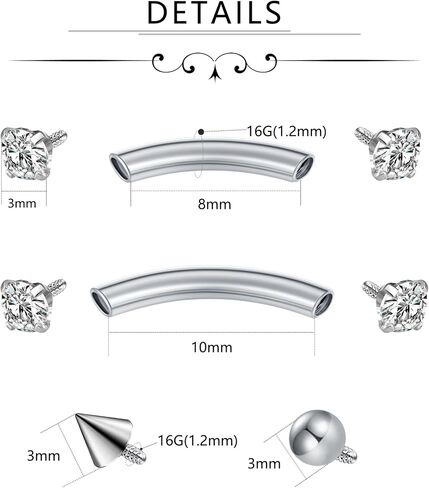 FECTAS Internal Threaded Eyebrow Rook Piercing Jewelry 16G Earrings 8/10mm Vertical Labret Lip Jewelry Curved Barbell Eyebrow Rings Tiny Small Belly Rings Ear Rook Helix Conch Daith Piercing Jewelry in Saudi Arabia