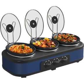 جهاز تسخين الطعام على شكل بوفيه ثلاثي بطيء مع 3 أوضاع لدرجة الحرارة قابلة للتعديل، طباخ بطيء مع وعاء سيراميك 1.5 كيو تي، غطاء زجاجي قابل للإزالة و3 ملاعق بولي كلوريد الفينيل، آمن للاستخدام في غسالة الأطباق، من الفولاذ المقاوم للصدأ in Kuwait