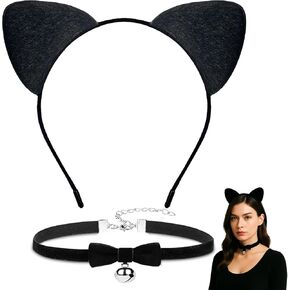 Black Cat Costume Accessories – Cat Ears Headband and Choker with Bow and Bell for Women, Girls, Kids – Halloween Black Cat Outfit for Dress Up, Cosplay, Parties in Kuwait