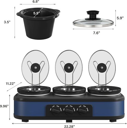 جهاز تسخين الطعام على شكل بوفيه ثلاثي بطيء مع 3 أوضاع لدرجة الحرارة قابلة للتعديل، طباخ بطيء مع وعاء سيراميك 1.5 كيو تي، غطاء زجاجي قابل للإزالة و3 ملاعق بولي كلوريد الفينيل، آمن للاستخدام في غسالة الأطباق، من الفولاذ المقاوم للصدأ in Kuwait