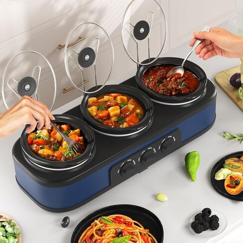 جهاز تسخين الطعام على شكل بوفيه ثلاثي بطيء مع 3 أوضاع لدرجة الحرارة قابلة للتعديل، طباخ بطيء مع وعاء سيراميك 1.5 كيو تي، غطاء زجاجي قابل للإزالة و3 ملاعق بولي كلوريد الفينيل، آمن للاستخدام في غسالة الأطباق، من الفولاذ المقاوم للصدأ in Kuwait