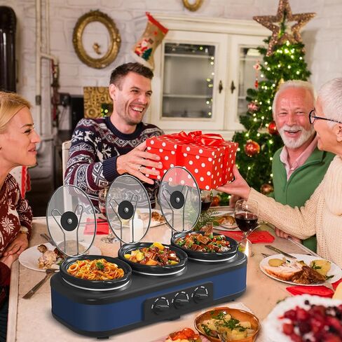 جهاز تسخين الطعام على شكل بوفيه ثلاثي بطيء مع 3 أوضاع لدرجة الحرارة قابلة للتعديل، طباخ بطيء مع وعاء سيراميك 1.5 كيو تي، غطاء زجاجي قابل للإزالة و3 ملاعق بولي كلوريد الفينيل، آمن للاستخدام في غسالة الأطباق، من الفولاذ المقاوم للصدأ in Kuwait