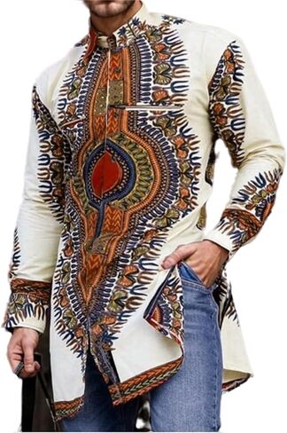 Men's African Dashiki Dress Shirt Long Sleeve Gentlemen Pullover Tribal Ethnic Party Shirts Button Top in Saudi Arabia
