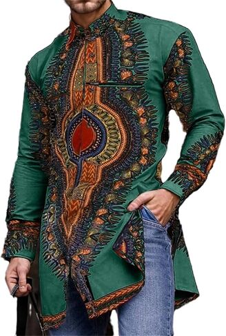 Men's African Dashiki Dress Shirt Long Sleeve Gentlemen Pullover Tribal Ethnic Party Shirts Button Top in Saudi Arabia