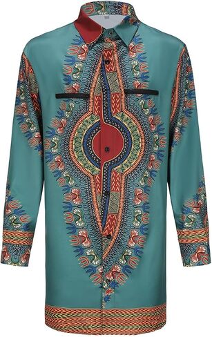 Men's African Dashiki Dress Shirt Long Sleeve Gentlemen Pullover Tribal Ethnic Party Shirts Button Top in Saudi Arabia