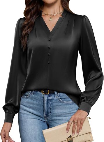 Blooming Jelly Womens Business Casual Tops Dressy Work Long Sleeve Shirts V Neck Silk Satin Blouses Cute Fall Outfits in Saudi Arabia