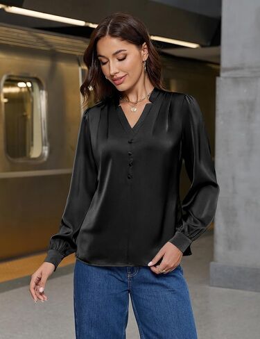 Blooming Jelly Womens Business Casual Tops Dressy Work Long Sleeve Shirts V Neck Silk Satin Blouses Cute Fall Outfits in Saudi Arabia