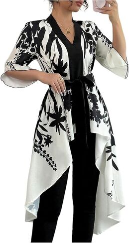 MakeMeChic Women's Floral Bell Sleeve Blouse V Neck High Low Tie Front Work Dressy Tops in Saudi Arabia
