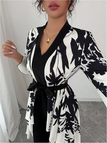 MakeMeChic Women's Floral Bell Sleeve Blouse V Neck High Low Tie Front Work Dressy Tops in Saudi Arabia