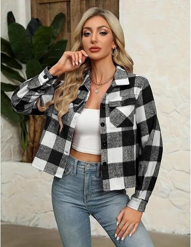 Button Down Shirts for Women 2025 Fall Fashion Plaid Cropped Shacket Jacket Cute Flannel Coats Tops Casual Outerwear in Saudi Arabia