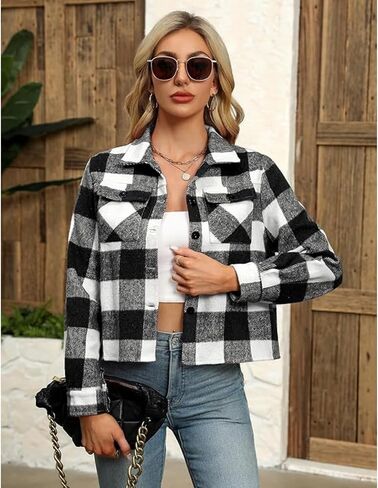 Button Down Shirts for Women 2025 Fall Fashion Plaid Cropped Shacket Jacket Cute Flannel Coats Tops Casual Outerwear in Saudi Arabia