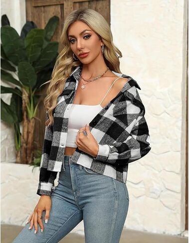 Button Down Shirts for Women 2025 Fall Fashion Plaid Cropped Shacket Jacket Cute Flannel Coats Tops Casual Outerwear in Saudi Arabia