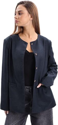 Amazhiyu Women's Linen Blend Round Neck Button Up Blazers Long Sleeve Coat Office in Saudi Arabia
