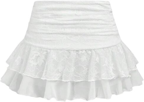 Girl's Y2k Lace Mini Skirt Ruched Layered Ruffle A Line Flared Short Skirts in Saudi Arabia