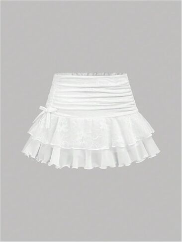 Girl's Y2k Lace Mini Skirt Ruched Layered Ruffle A Line Flared Short Skirts in Saudi Arabia