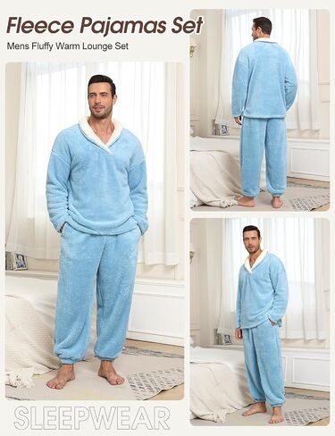 Fluffy Men's Pajamas Set, Soft Fleece PJs Sets Lounge Sleepwear Pajama Pants Comfy Pyjamas with Pockets for Warm Winter in Saudi Arabia