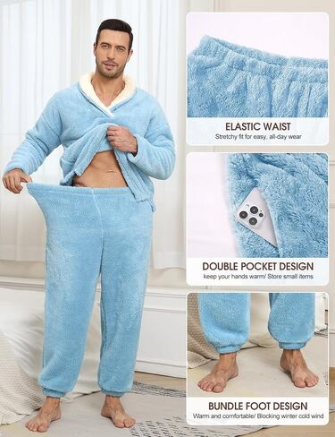 Fluffy Men's Pajamas Set, Soft Fleece PJs Sets Lounge Sleepwear Pajama Pants Comfy Pyjamas with Pockets for Warm Winter in Saudi Arabia