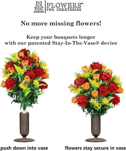 Sympathy Silks Artificial Cemetery Flowers – Realistic Vibrant Roses, Outdoor Grave Decorations - Non-Bleed Colors, and Easy Fit - 1 Burgundy Mum and Orange Rose Saddle for Headstone in Saudi Arabia