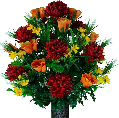 Sympathy Silks Artificial Cemetery Flowers – Realistic Vibrant Roses, Outdoor Grave Decorations - Non-Bleed Colors, and Easy Fit - 1 Burgundy Mum and Orange Rose Saddle for Headstone in Saudi Arabia