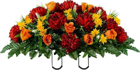Sympathy Silks Artificial Cemetery Flowers – Realistic Vibrant Roses, Outdoor Grave Decorations - Non-Bleed Colors, and Easy Fit - 1 Burgundy Mum and Orange Rose Saddle for Headstone in Saudi Arabia