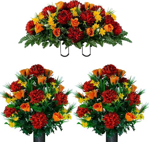 Sympathy Silks Artificial Cemetery Flowers – Realistic Vibrant Roses, Outdoor Grave Decorations - Non-Bleed Colors, and Easy Fit - 1 Burgundy Mum and Orange Rose Saddle for Headstone in Saudi Arabia