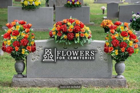 Sympathy Silks Artificial Cemetery Flowers – Realistic Vibrant Roses, Outdoor Grave Decorations - Non-Bleed Colors, and Easy Fit - 1 Burgundy Mum and Orange Rose Saddle for Headstone in Saudi Arabia
