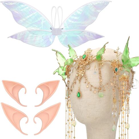 Norme 4 Pcs Halloween Elf Fairy Accessories Set Renaissance Women Fairy Crown Butterfly Wing Elf Ears Adult Medieval Cosplay in Saudi Arabia