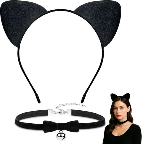 ملحقات أزياء Cat Cat Black - أذني Cat Cats و "قلادة مع القوس والجرس" للنساء والفتيات والأطفال - ملابس قطة أسود هالوين لللباس ، تأثيري ، حفلات in Kuwait