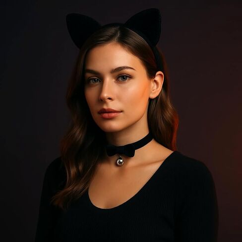 ملحقات أزياء Cat Cat Black - أذني Cat Cats و "قلادة مع القوس والجرس" للنساء والفتيات والأطفال - ملابس قطة أسود هالوين لللباس ، تأثيري ، حفلات in Kuwait