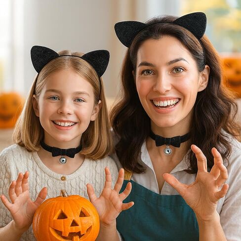 ملحقات أزياء Cat Cat Black - أذني Cat Cats و "قلادة مع القوس والجرس" للنساء والفتيات والأطفال - ملابس قطة أسود هالوين لللباس ، تأثيري ، حفلات in Kuwait