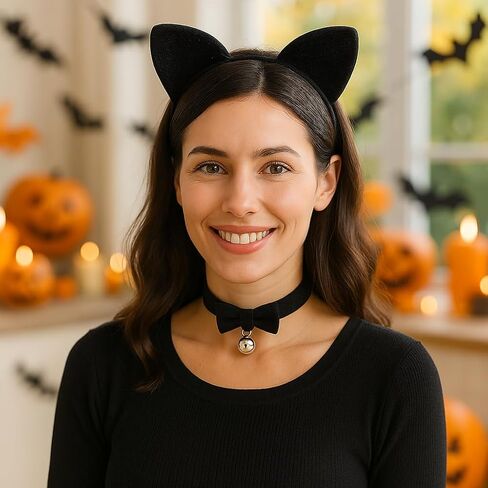 ملحقات أزياء Cat Cat Black - أذني Cat Cats و "قلادة مع القوس والجرس" للنساء والفتيات والأطفال - ملابس قطة أسود هالوين لللباس ، تأثيري ، حفلات in Kuwait