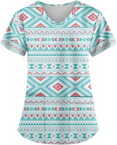 Women's V-Neck Short Sleeve Native Indians Aztec Print Scrub Shirts Nursing Tops with Two Pockets in Kuwait