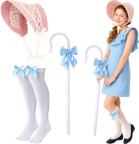 Halloween Accessory Shepherdess Staff Canes with Blue Bow Tie Victorian Bonnet Colonial Hat Satin Bow Accent Thigh Highs for Women in Saudi Arabia