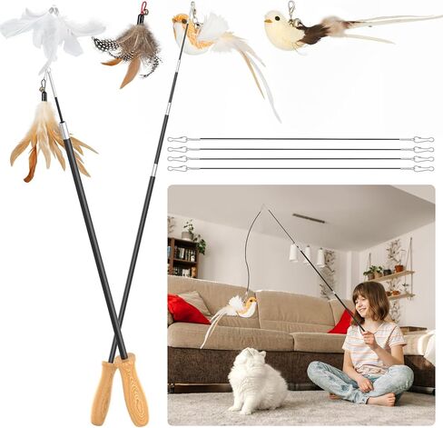 ROSAUI Cat Teaser Wand Toys, Interactive Bird Toys for Indoor Kittens, 42.15’’ Long Cat Fishing Pole Toys, 2Pcs Wires and 5Pcs Natural Refills, Sustainable Wooden Handles, Exercising, Playing in Kuwait
