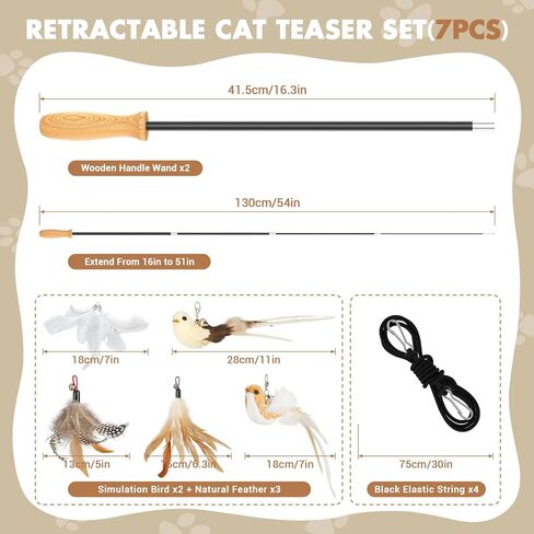 ROSAUI Cat Teaser Wand Toys, Interactive Bird Toys for Indoor Kittens, 42.15’’ Long Cat Fishing Pole Toys, 2Pcs Wires and 5Pcs Natural Refills, Sustainable Wooden Handles, Exercising, Playing in Kuwait
