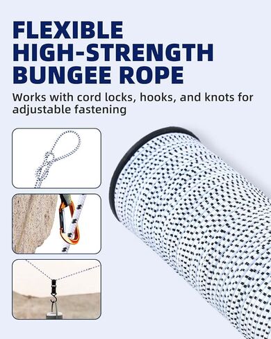 Bungee Cord - 1/8 Inch x 100 Feet - Elastic Shock Cord, Stretch Rope for Kayak, Crafts, Tie-Downs, DIY Projects - Flexible, High-Strength Bungee Rope (White with Black Trace) in Saudi Arabia