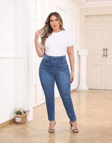 HDE Women’s Plus Size Skinny Jeans سحب على دنيم تمتد مع جيوب in Kuwait