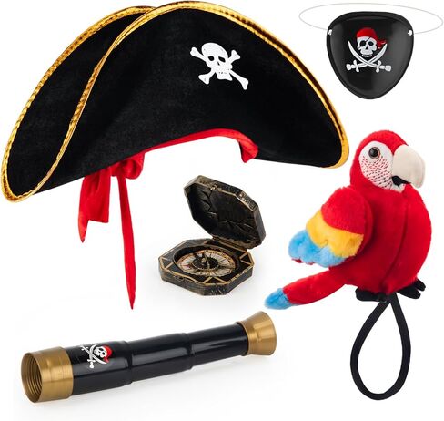 HyDren 5 Pcs Halloween Pirate Costume Accessories Set with Skull Print Pirate Captain Hat, Stuffed Parrot on Shoulder, Eye Patch, Telescope Compass for Kid Adult Halloween Party Dress up Cosplay Prop in Saudi Arabia