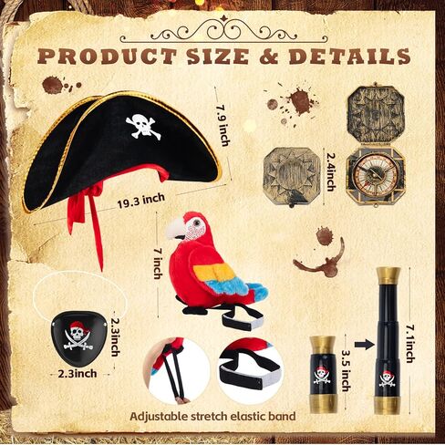 HyDren 5 Pcs Halloween Pirate Costume Accessories Set with Skull Print Pirate Captain Hat, Stuffed Parrot on Shoulder, Eye Patch, Telescope Compass for Kid Adult Halloween Party Dress up Cosplay Prop in Saudi Arabia