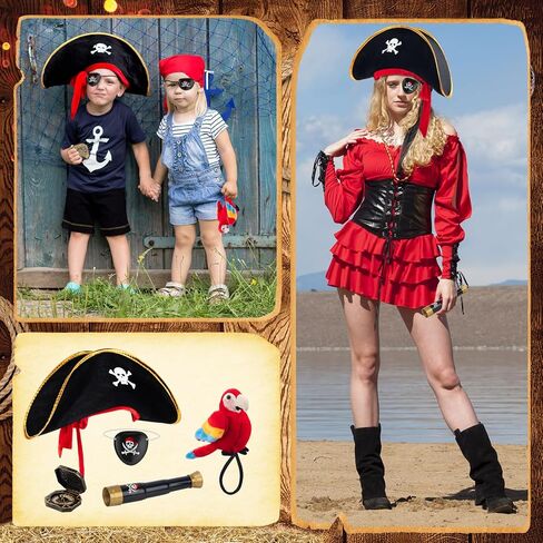 HyDren 5 Pcs Halloween Pirate Costume Accessories Set with Skull Print Pirate Captain Hat, Stuffed Parrot on Shoulder, Eye Patch, Telescope Compass for Kid Adult Halloween Party Dress up Cosplay Prop in Saudi Arabia