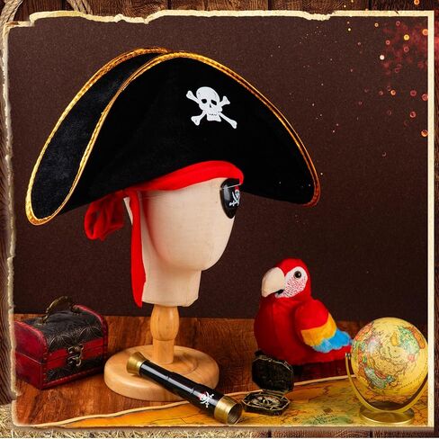 HyDren 5 Pcs Halloween Pirate Costume Accessories Set with Skull Print Pirate Captain Hat, Stuffed Parrot on Shoulder, Eye Patch, Telescope Compass for Kid Adult Halloween Party Dress up Cosplay Prop in Saudi Arabia