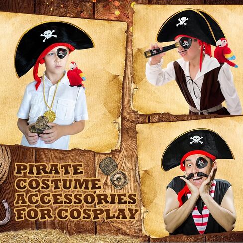 HyDren 5 Pcs Halloween Pirate Costume Accessories Set with Skull Print Pirate Captain Hat, Stuffed Parrot on Shoulder, Eye Patch, Telescope Compass for Kid Adult Halloween Party Dress up Cosplay Prop in Saudi Arabia