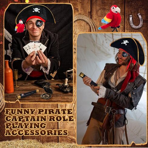 HyDren 5 Pcs Halloween Pirate Costume Accessories Set with Skull Print Pirate Captain Hat, Stuffed Parrot on Shoulder, Eye Patch, Telescope Compass for Kid Adult Halloween Party Dress up Cosplay Prop in Saudi Arabia